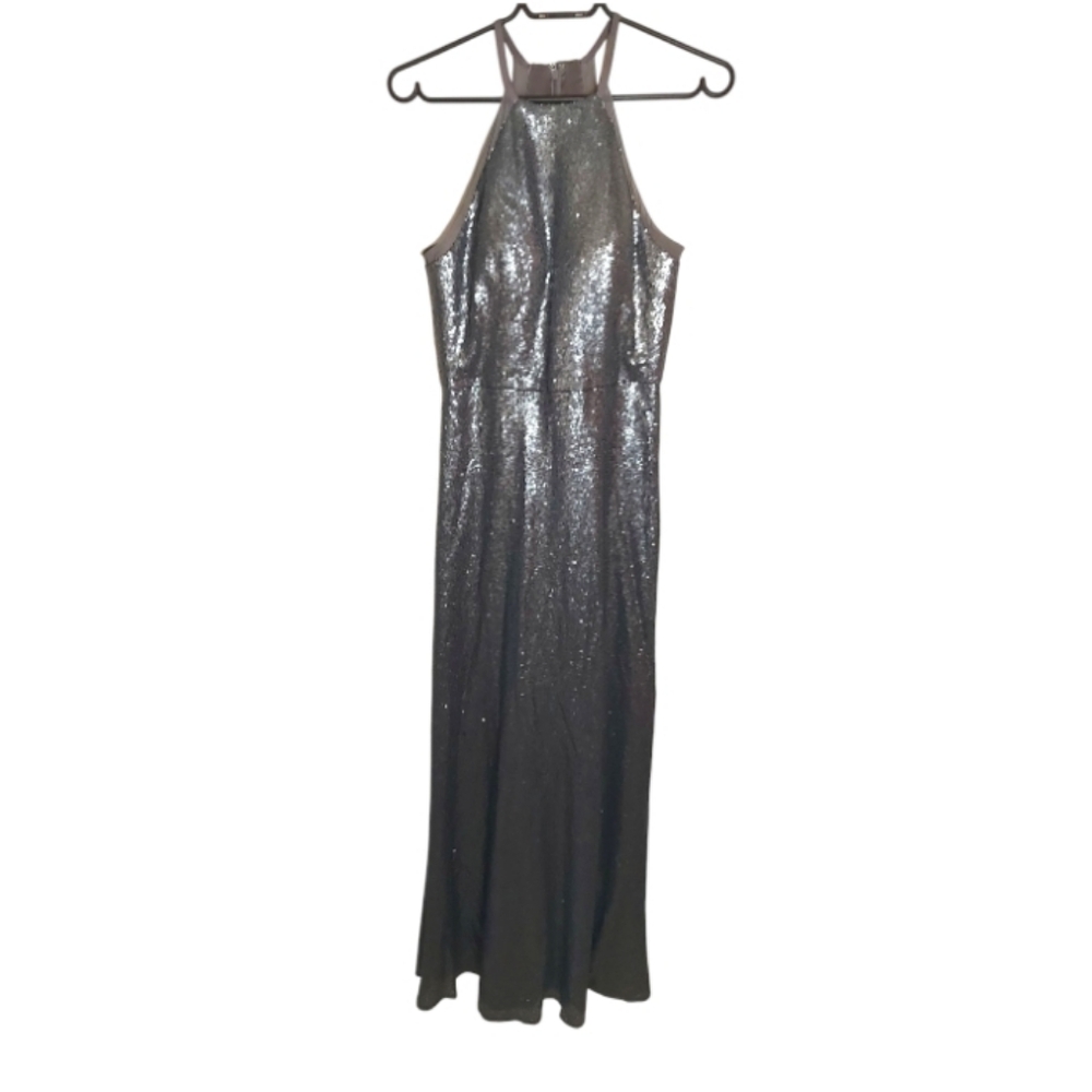Bari Jay Long Silver Shiny Sequin Gown
